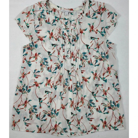 41 Hawthorn Blouse Top Women's Medium Off White Floral Cap Sleeves Pleated Front - Picture 1 of 6